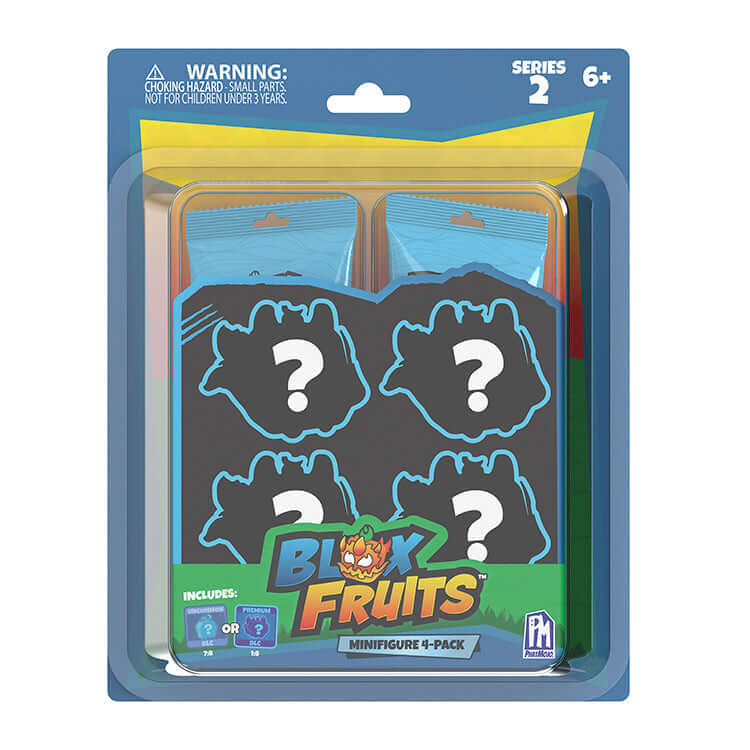 Blox Fruits Series 2 Collectable Mini Figure 4-Pack featuring mystery fruit designs and blue packaging.