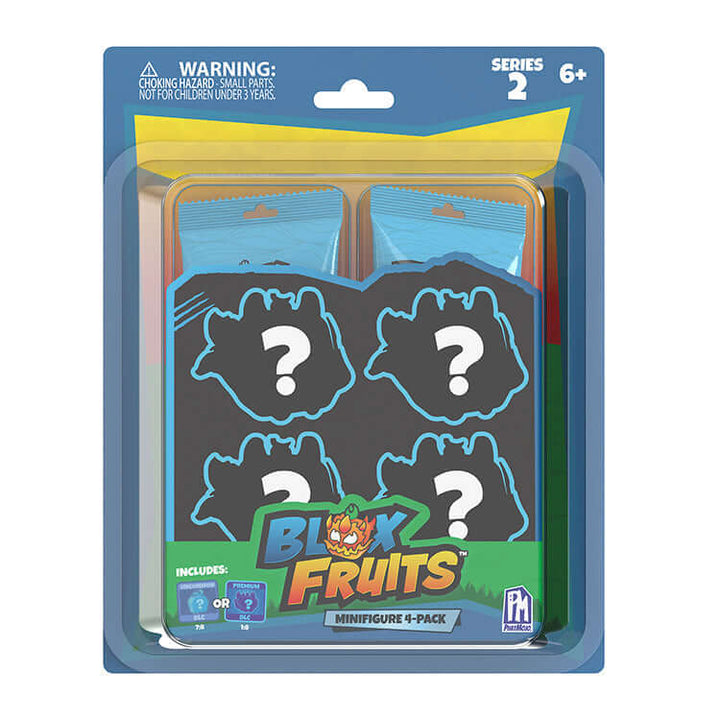 Blox Fruits Series 2 Collectable Mini Figure 4-Pack featuring mystery fruit designs and blue packaging.