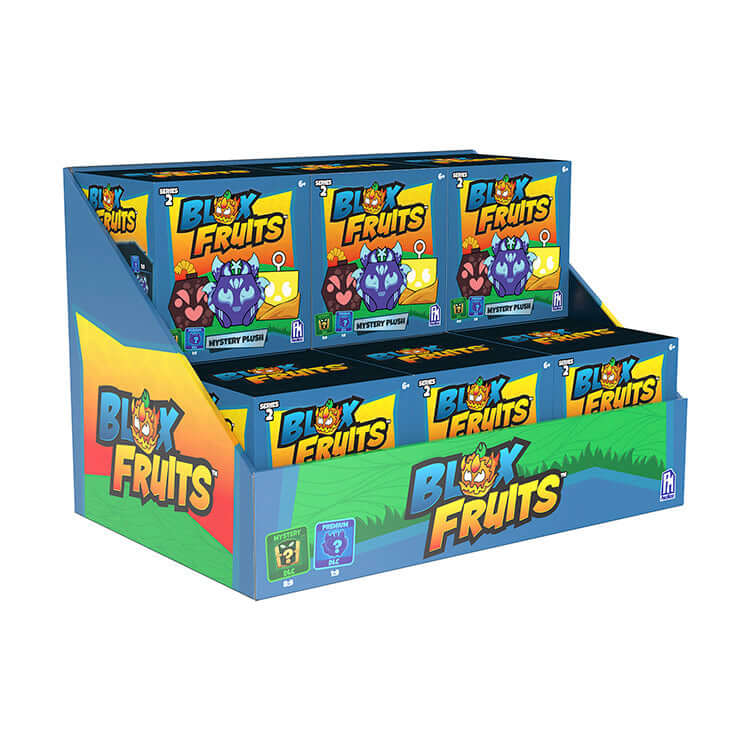 Display stand of Blox Fruits Series 2 collectible plush toys featuring Mystery Plush boxes.