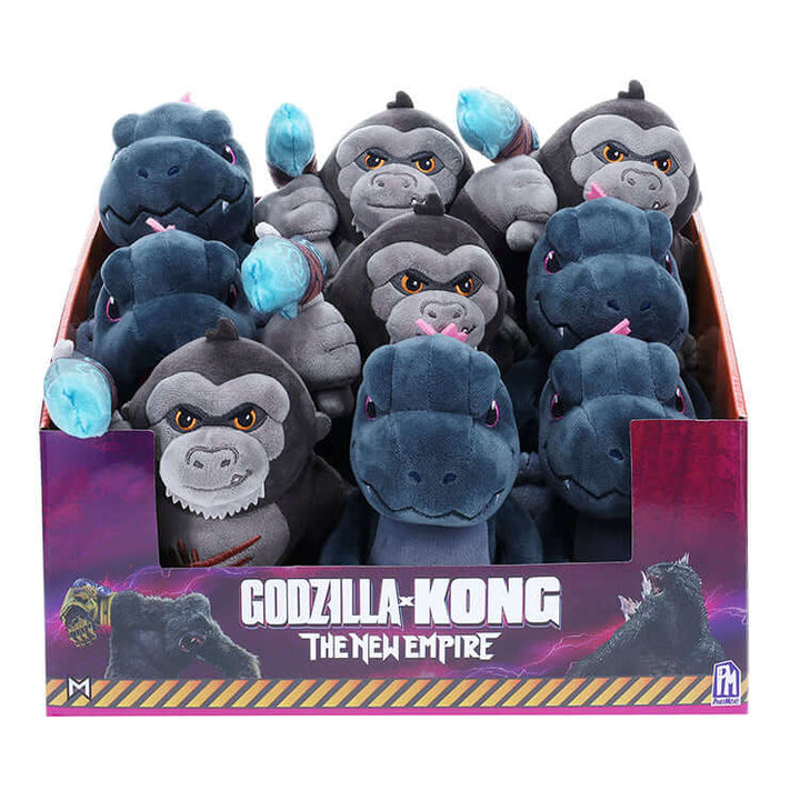Godzilla x Kong collectible plush toys in display box from The New Empire movie, featuring high-quality fabric and detailed embroidery.