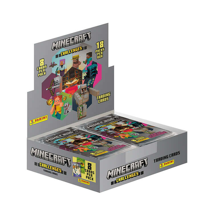 Minecraft Challenges Trading Card Collection display box with packs featuring gaming characters and challenges.