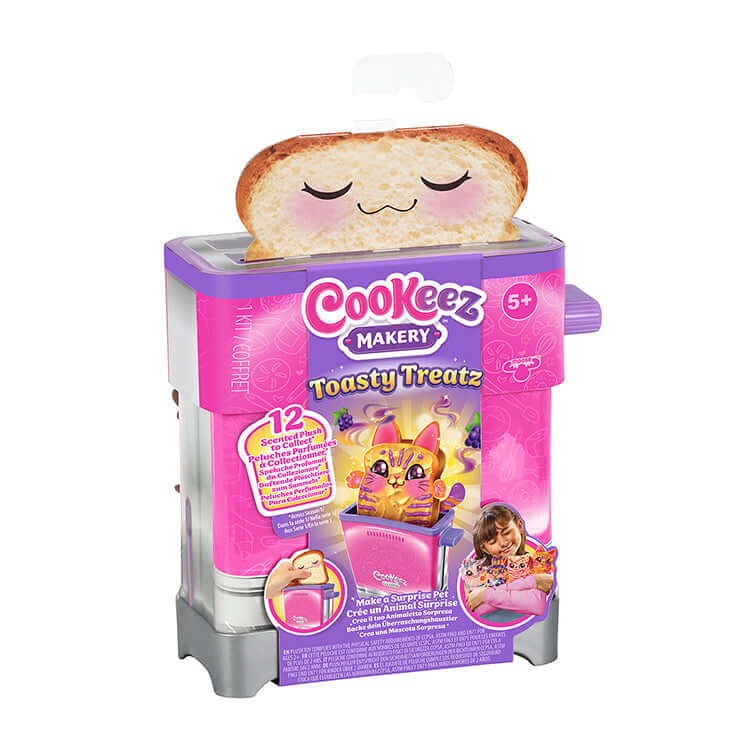 Cookeez Makery Toasty Treatz toy toaster with surprise scented plush popping out, playful packaging design for children.