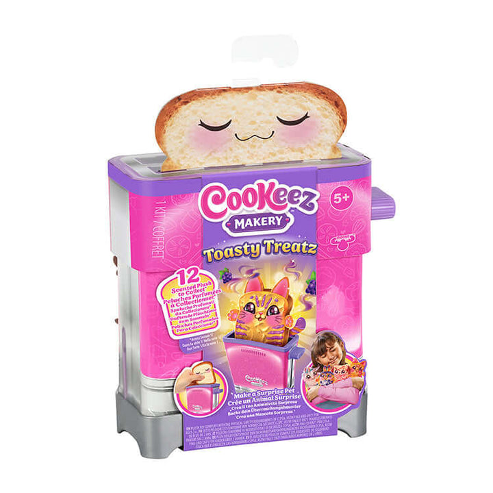 Cookeez Makery Toasty Treatz toy toaster with surprise scented plush popping out, playful packaging design for children.