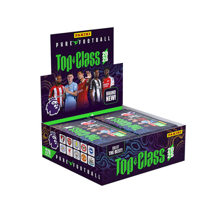 Panini Premier League Top Class 2025 trading cards box featuring 270 collectible cards and vibrant designs.