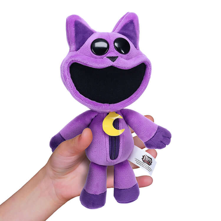 Poppy Playtime Series 3 Smiling Critters CatNap plush toy in hand, featuring vibrant purple fabric and large smile.