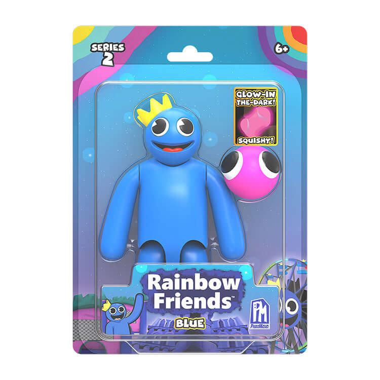 Rainbow Friends Series 2 Blue 5" Action Figure in packaging with glow-in-the-dark and squishy features, ideal for fans and collectors.