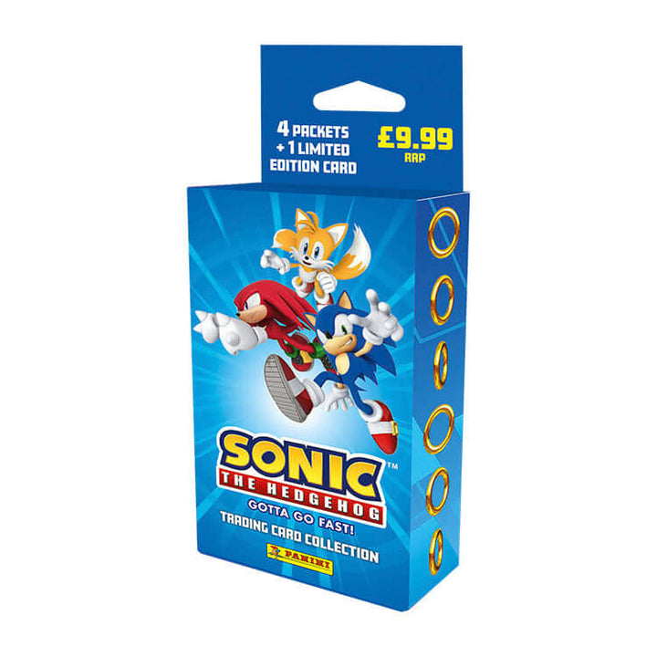 Sonic the Hedgehog 'Gotta Go Fast' trading card collection box featuring characters, priced at £9.99 with 4 packets and a limited edition card.