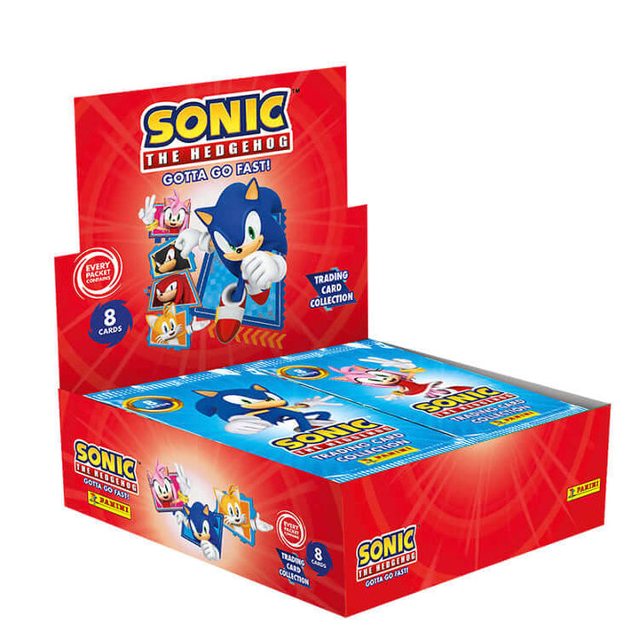 Sonic Gotta Go Fast trading card box featuring iconic blue hero with red shoes and friends against a vibrant red background.