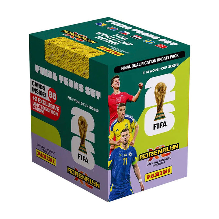 FIFA World Cup 2026 Adrenalyn XL Final Teams Set packaging featuring 80 cards and 2 Limited Editions.