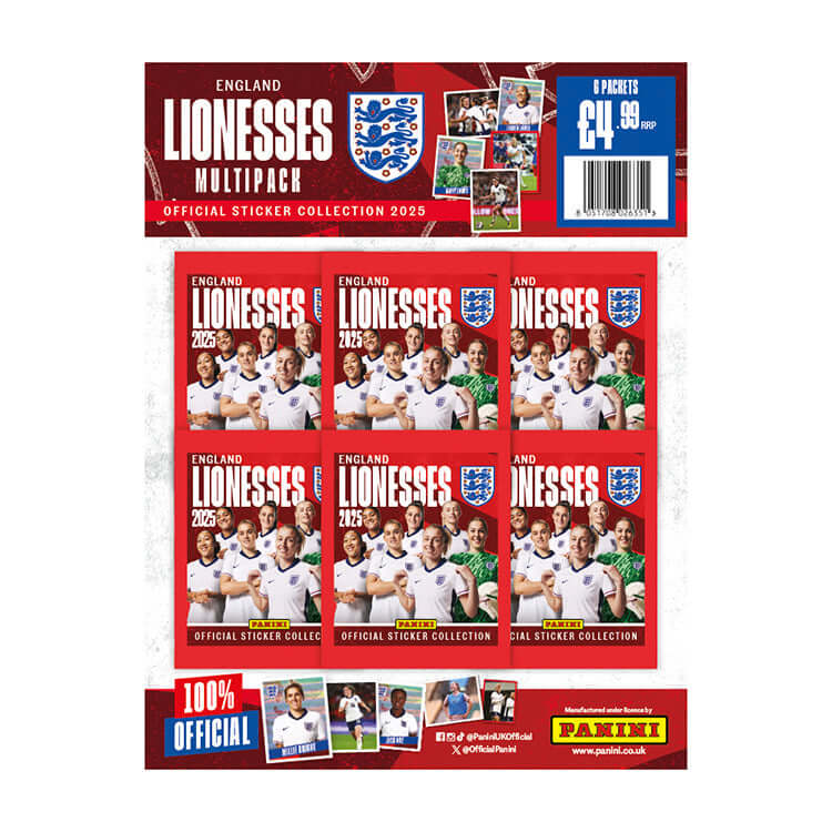 England Lionesses Sticker Collection 2025 multipack showcasing 6 official sticker packets by Panini.