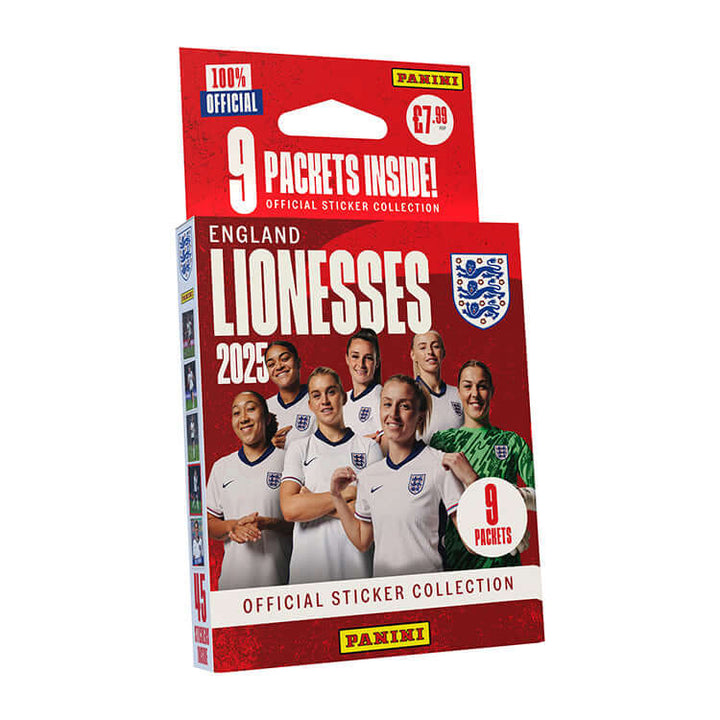 Official England Lionesses Sticker Collection 2025 pack from Panini with 9 packets inside.