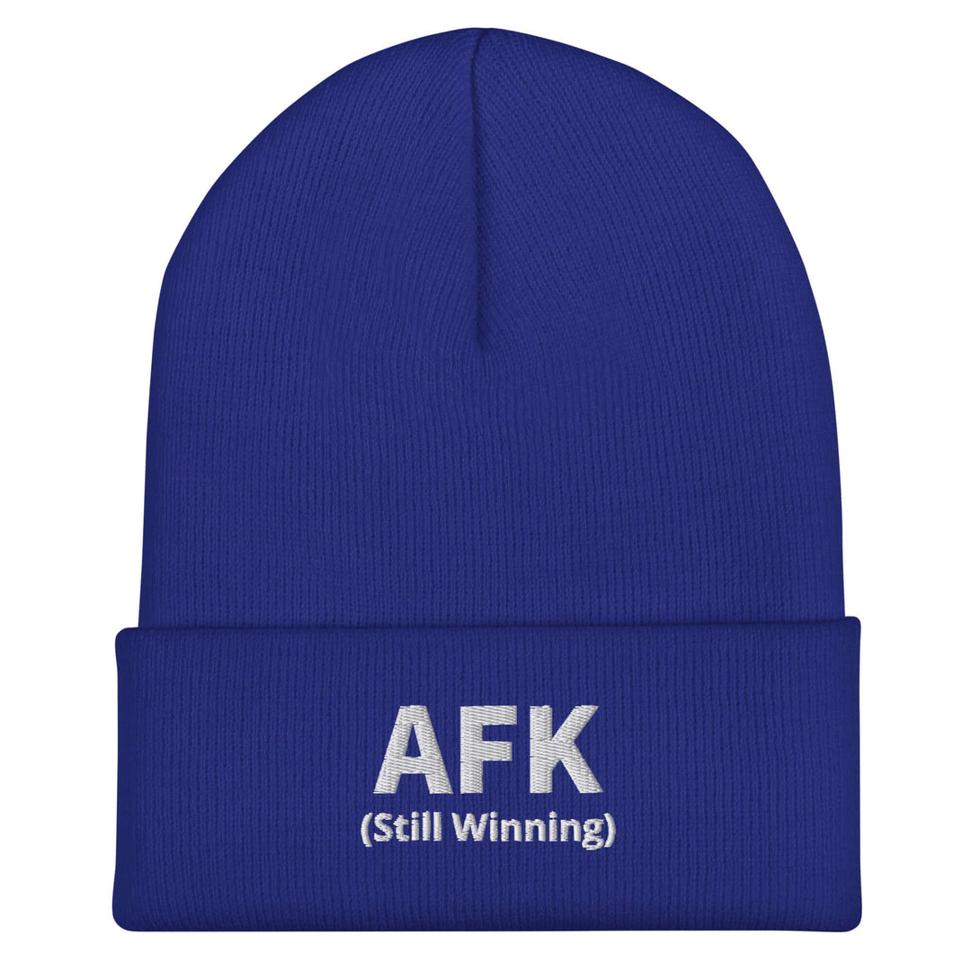 AFK Cuffed Beanie in blue color, featuring embroidered 'AFK (Still Winning)' text, a stylish accessory for cold weather.