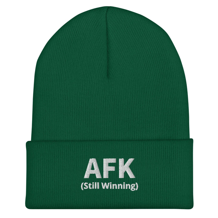 AFK Cuffed Beanie in green with 'AFK (Still Winning)' embroidered text, perfect for warmth and style.
