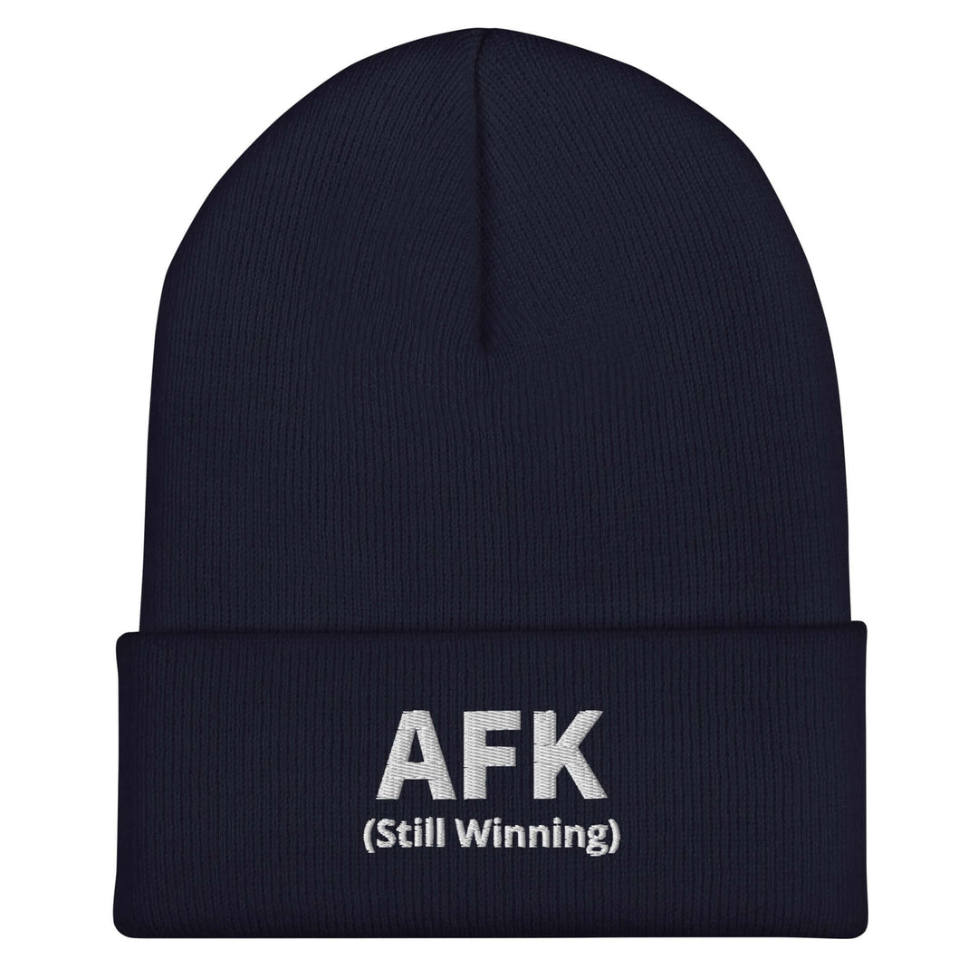 AFK Cuffed Beanie in navy with stylish 'AFK (Still Winning)' embroidery, perfect unisex winter accessory.
