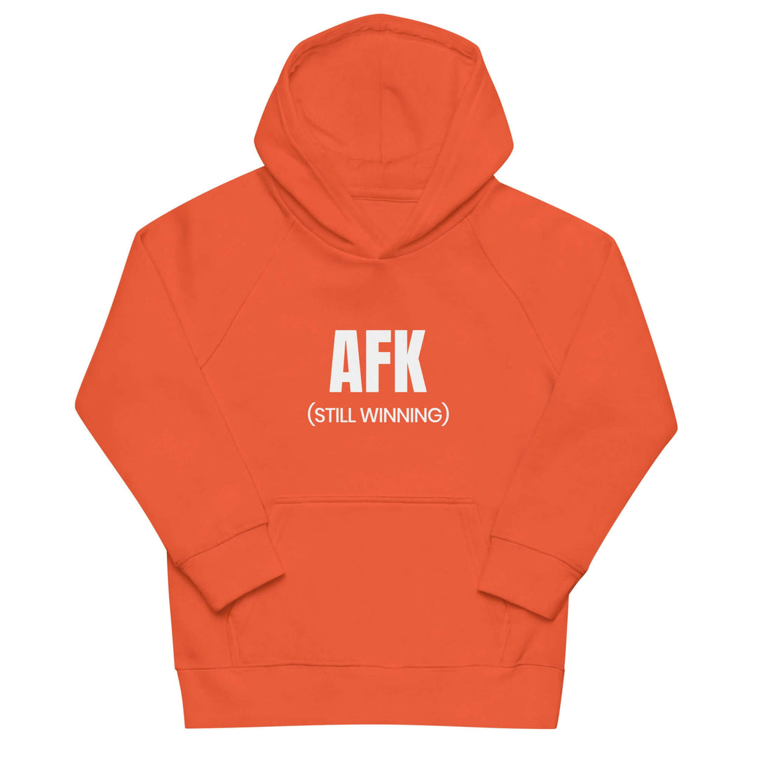 AFK Kids eco hoodie in vibrant orange with white text, made from eco-friendly kids hoodie materials.