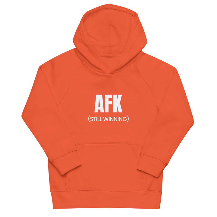 AFK Kids eco hoodie in vibrant orange with white text, made from eco-friendly kids hoodie materials.