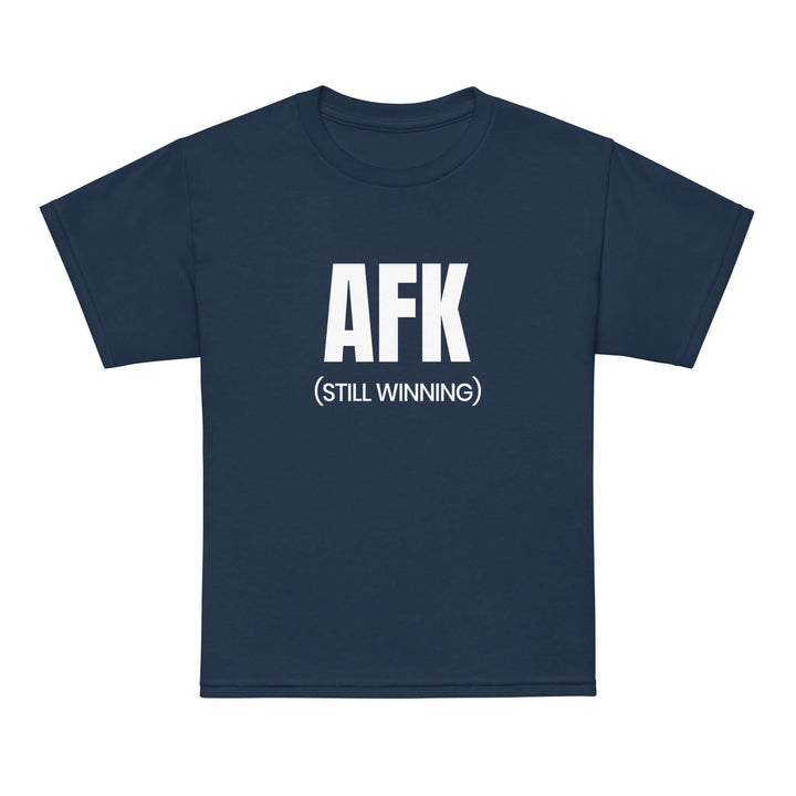 AFK Youth t-shirt in navy blue with bold white lettering stating 'AFK (STILL WINNING)'. Comfortable and stylish for kids.