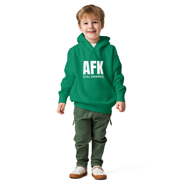 AFK Toddler fleece pullover hoodie modeled by a smiling boy in a green hoodie and cargo pants.