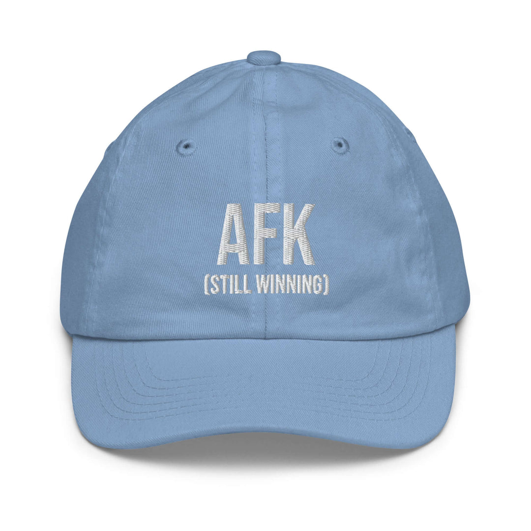 AFK Youth baseball cap in light blue featuring embroidered text 'AFK (STILL WINNING)' for stylish sun protection.
