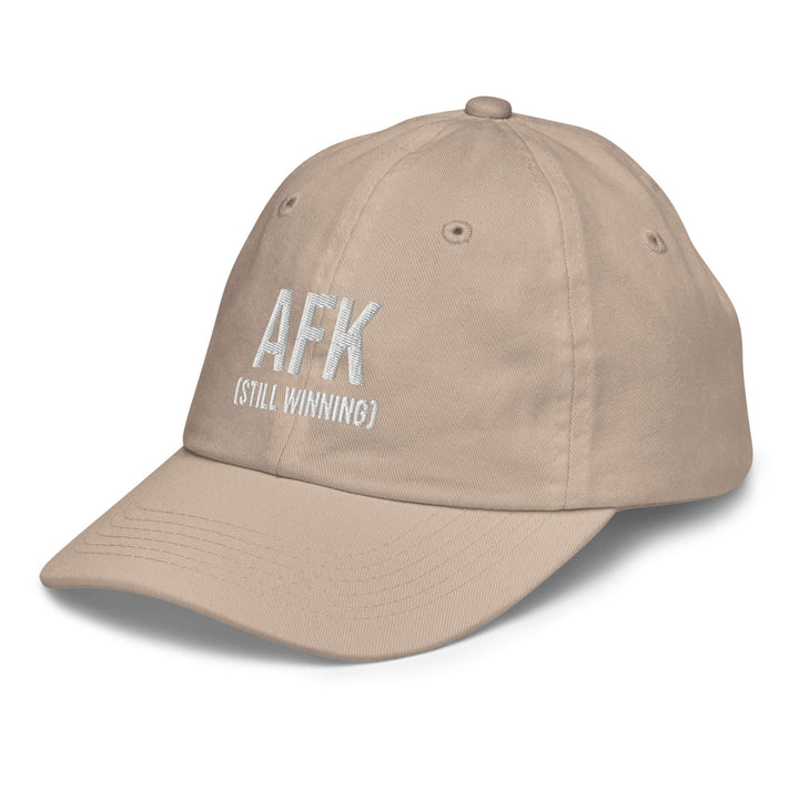 AFK Youth baseball cap in beige color with embroidered text AFK (STILL WINNING) and adjustable strap.