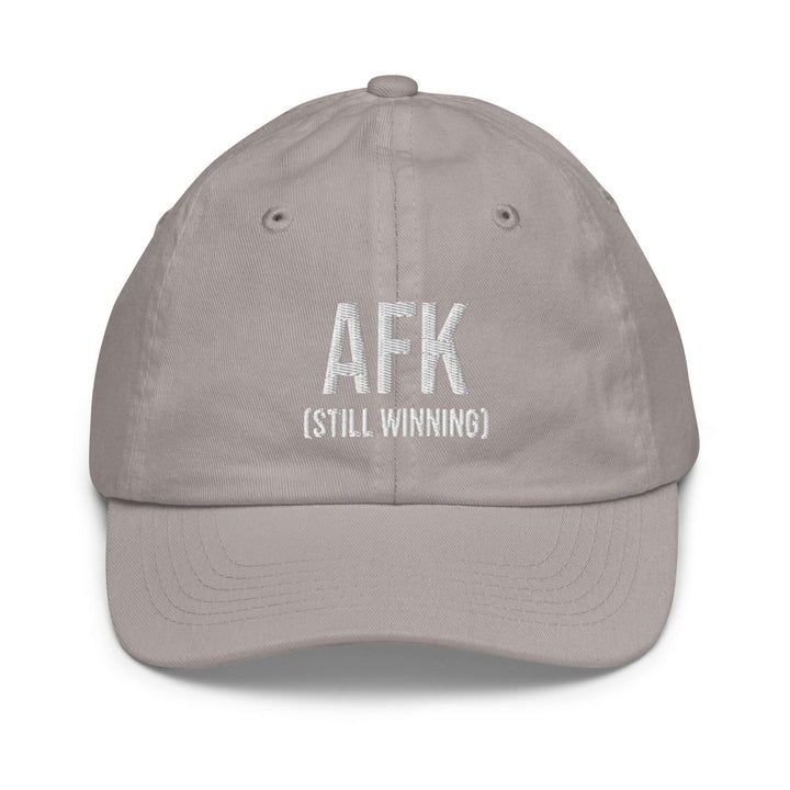 AFK Youth baseball cap in gray featuring embroidered text 'AFK (STILL WINNING)' for stylish sun protection.