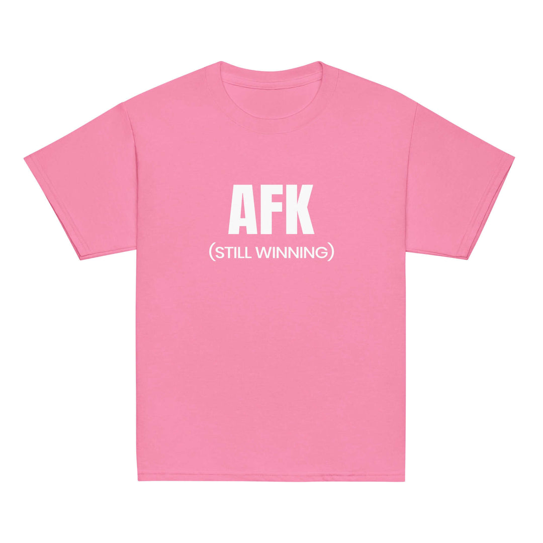 AFK Youth classic tee in pink with '(STILL WINNING)' text, perfect for kids' casual wear.