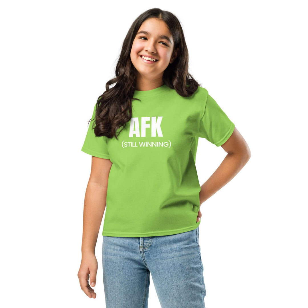 AFK Youth classic tee in vibrant green worn by a girl, showcasing a stylish and comfortable fit.
