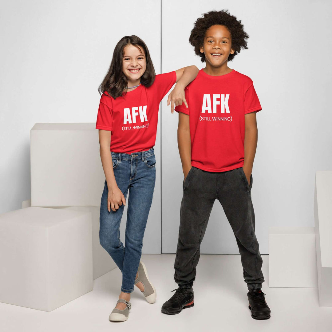 Two children wearing AFK Youth t-shirt in red, showcasing comfort and style for active days.