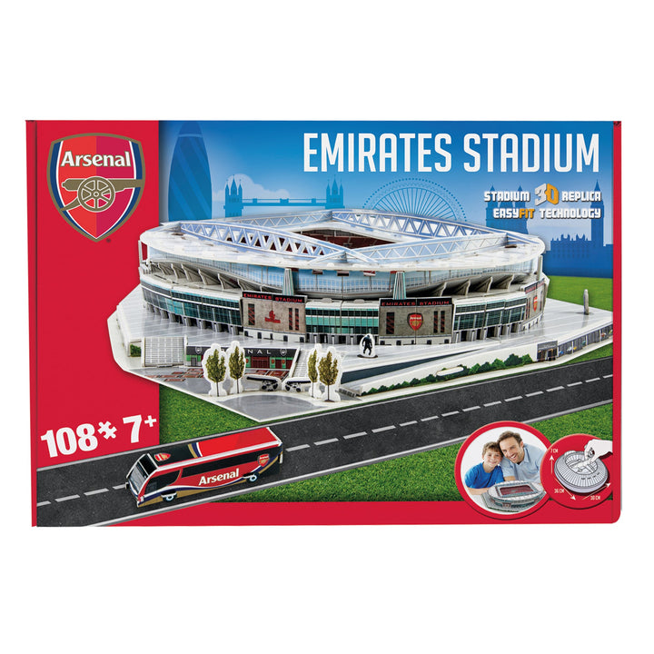 Arsenal Emirates Stadium 3D Puzzle featuring the Emirates Stadium replica and Arsenal branding.