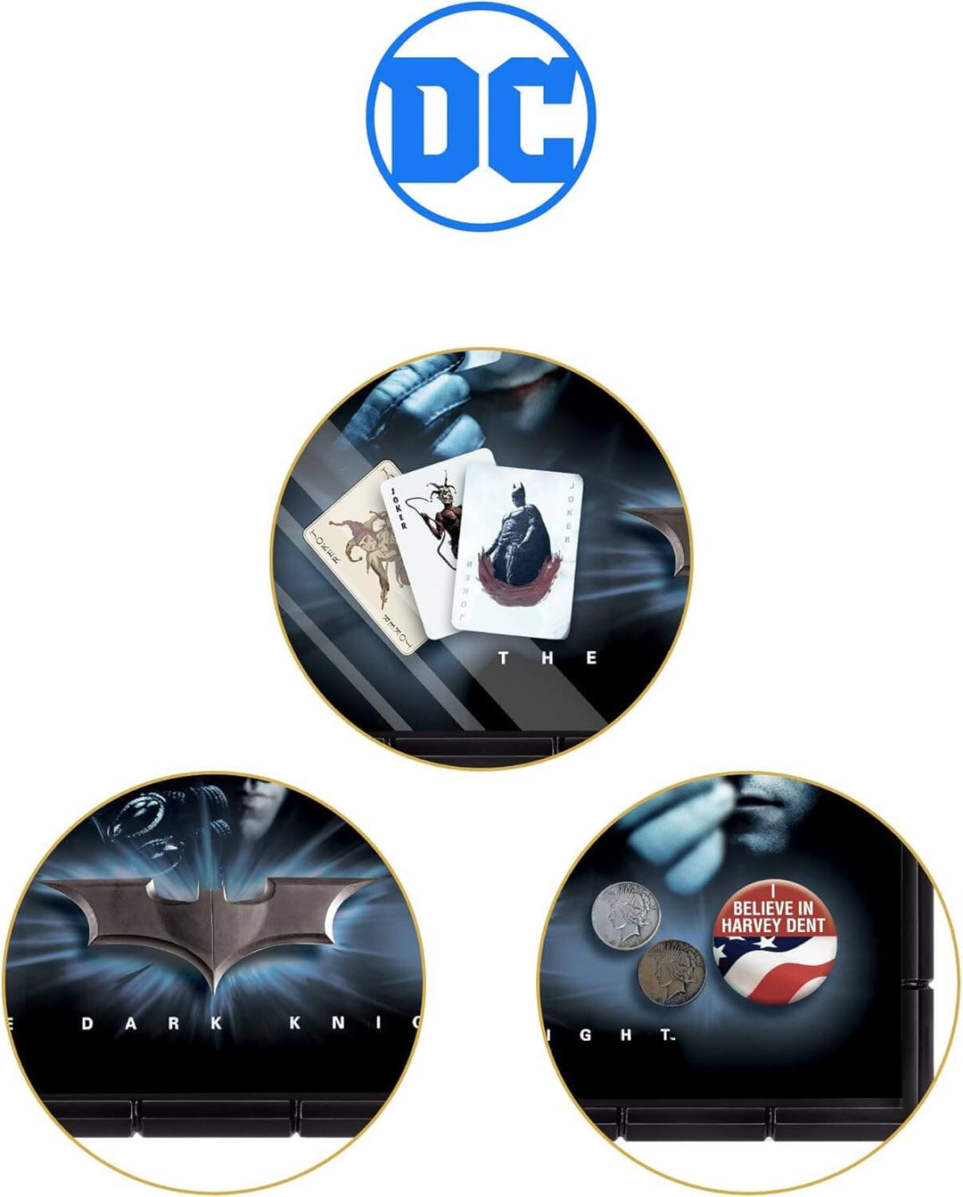 Batman The Dark Knight Prop Set display featuring iconic cards, coins, and the Batman symbol in a striking design.