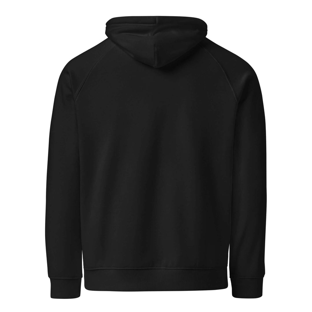 Back view of the Beyond the horizon Unisex eco raglan hoodie in black.