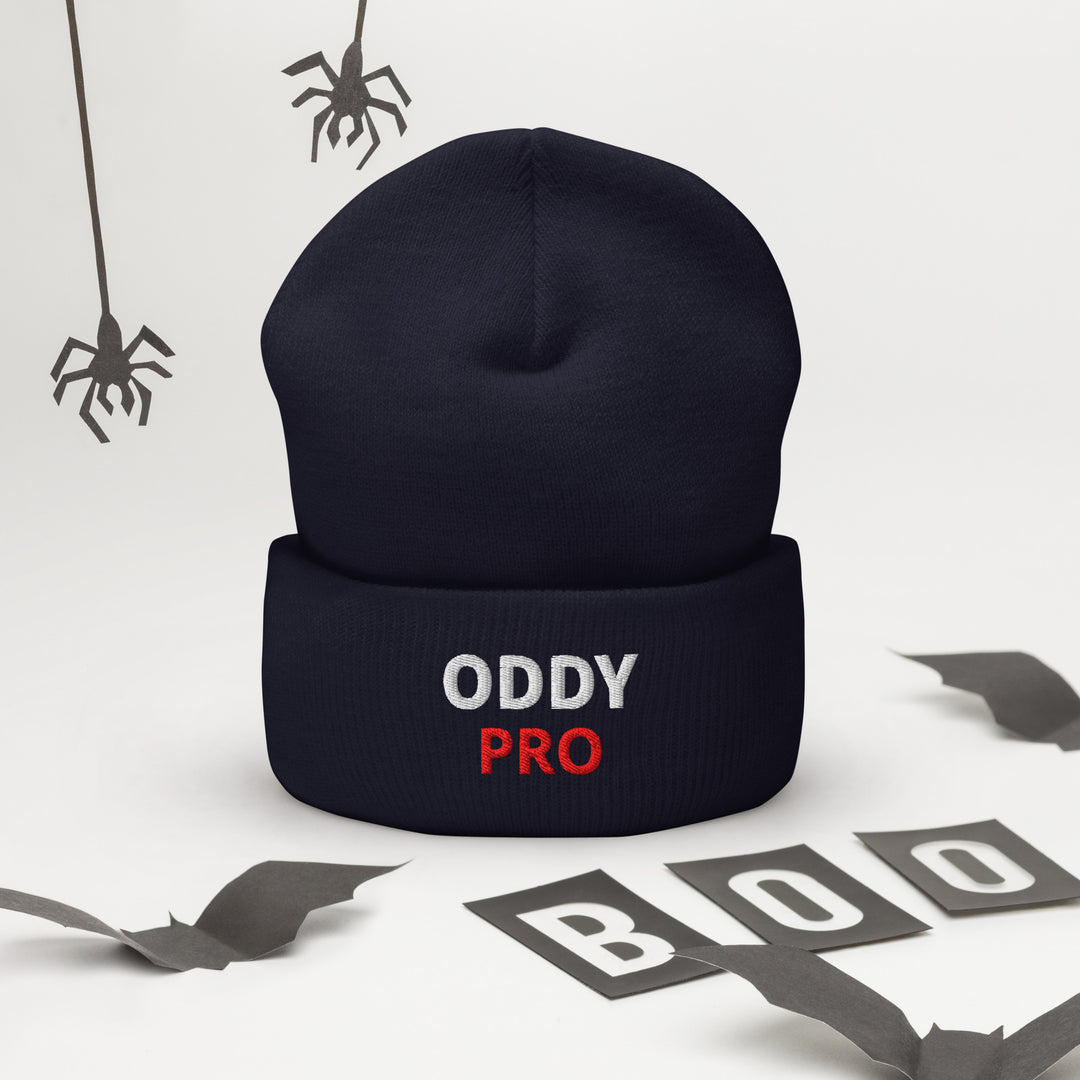 Oddy Pro Cuffed Beanie featuring a navy color and embroidered logo, perfect for stylish warmth.