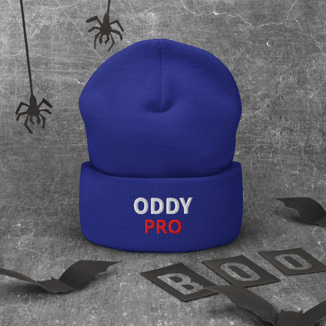 Oddy Pro Cuffed Beanie in blue, featuring embroidered 'ODDY PRO' text, perfect for stylish warmth.