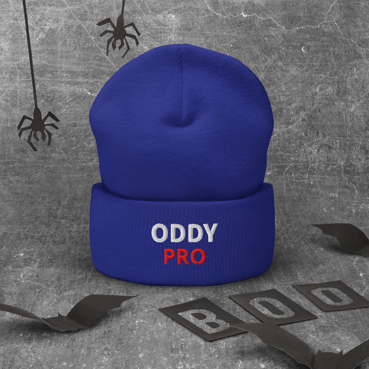 Oddy Pro Cuffed Beanie in blue, featuring embroidered 'ODDY PRO' text, perfect for stylish warmth.