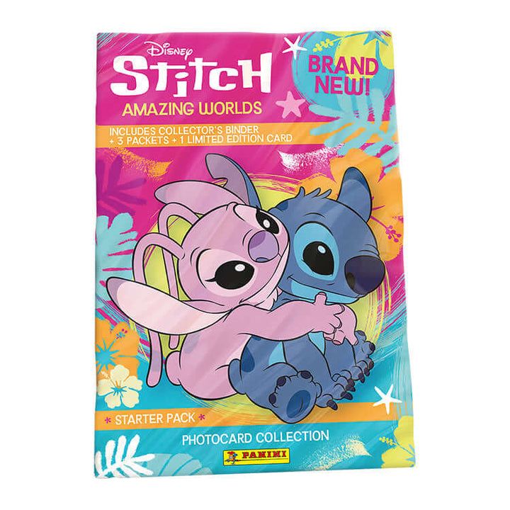 Stitch Amazing Worlds Photocard Collection starter pack featuring Disney characters Stitch and Angel.