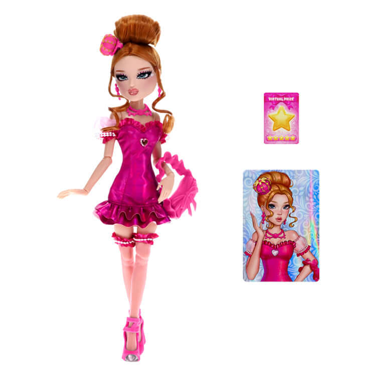 Dress to impress Lovely Hearts fashion doll in vibrant pink outfit with collectibles and accessories.