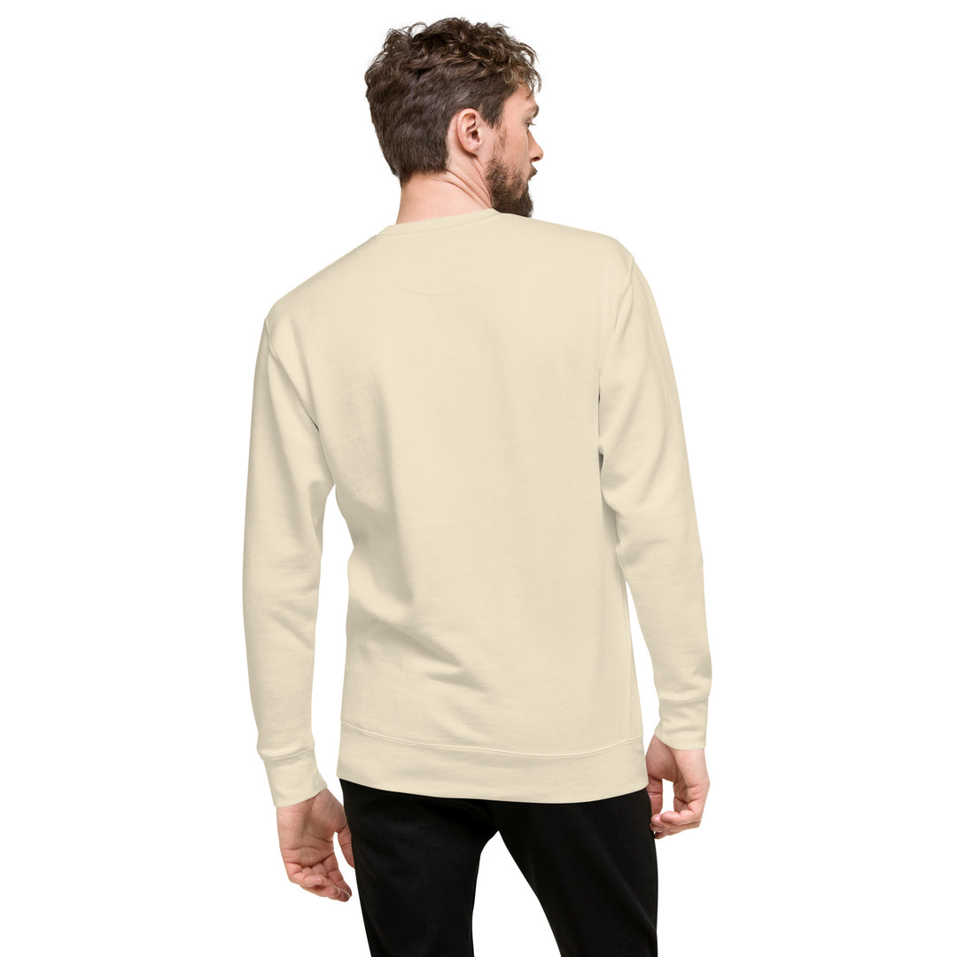 Back view of unisex premium sweatshirt, showcasing ribbed details and comfortable fit, ideal for streetwear style.
