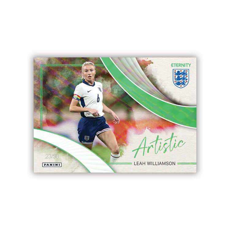 Official trading card of Leah Williamson from the Eternity Lionesses set by Panini, featuring an artistic design.