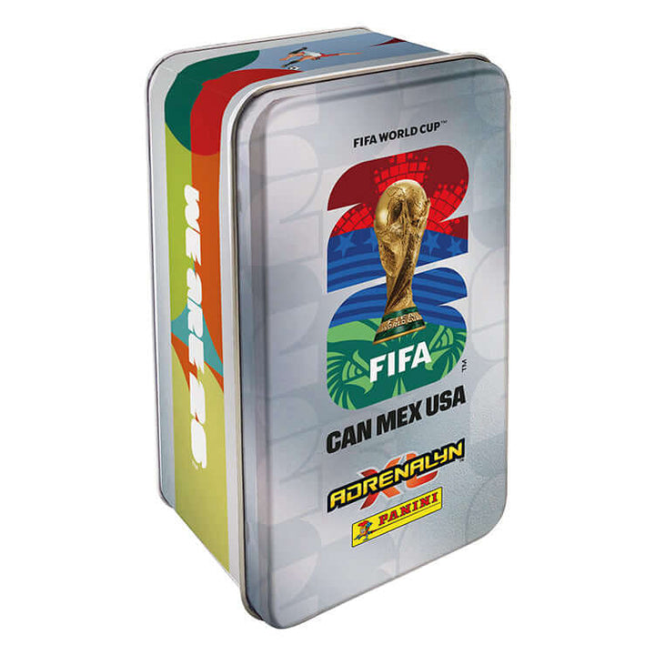 FIFA World Cup 2026 Adrenalyn XL Official Trading Cards tin featuring the trophy design.