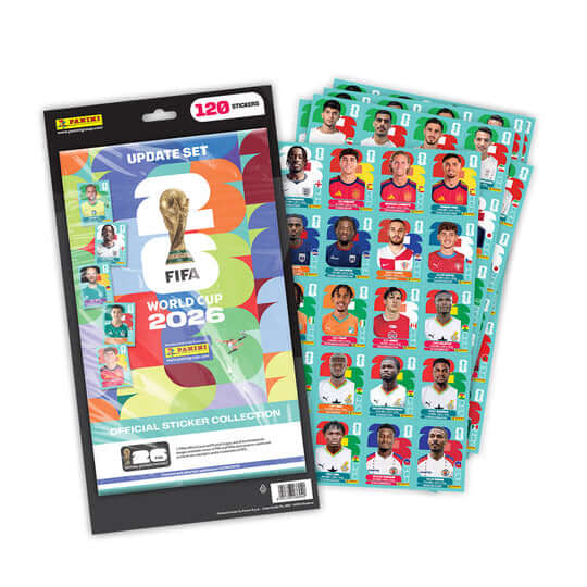 FIFA World Cup 2026 Official Sticker Collection Update Set with 120 stickers featuring various players.