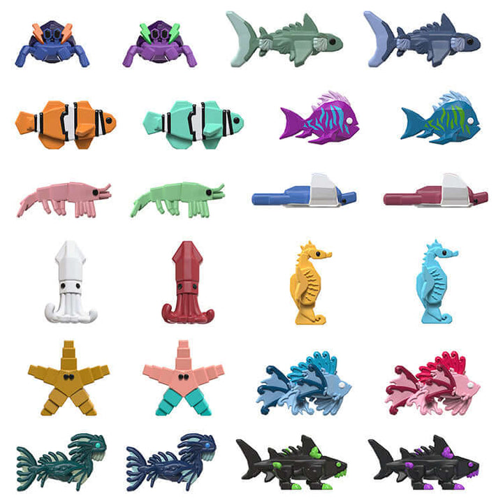 Colorful Fisch Microfigures display featuring various sea creatures including sharks, starfish, and seahorses.