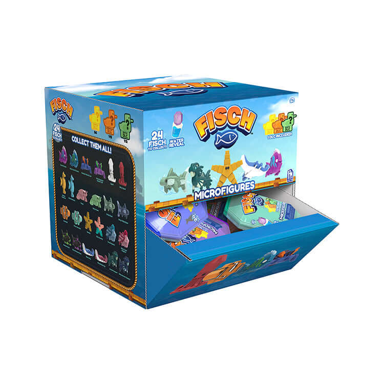 Fisch Microfigure Pack showcasing mystery sea creatures and collectible figures in a vibrant display box.