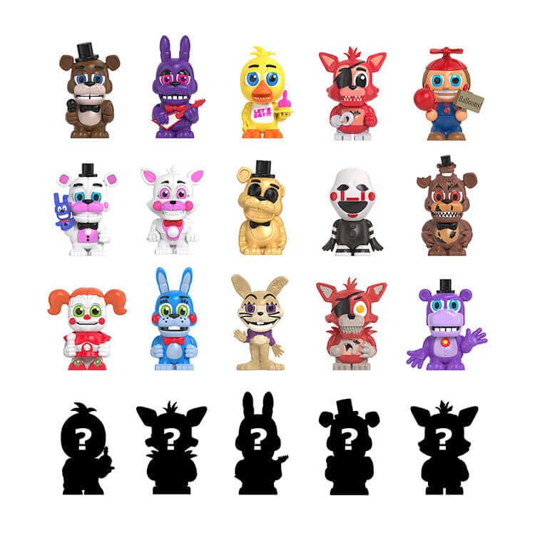 Collection of Five Nights at Freddy's mystery figures, featuring iconic characters and shadowy silhouettes.