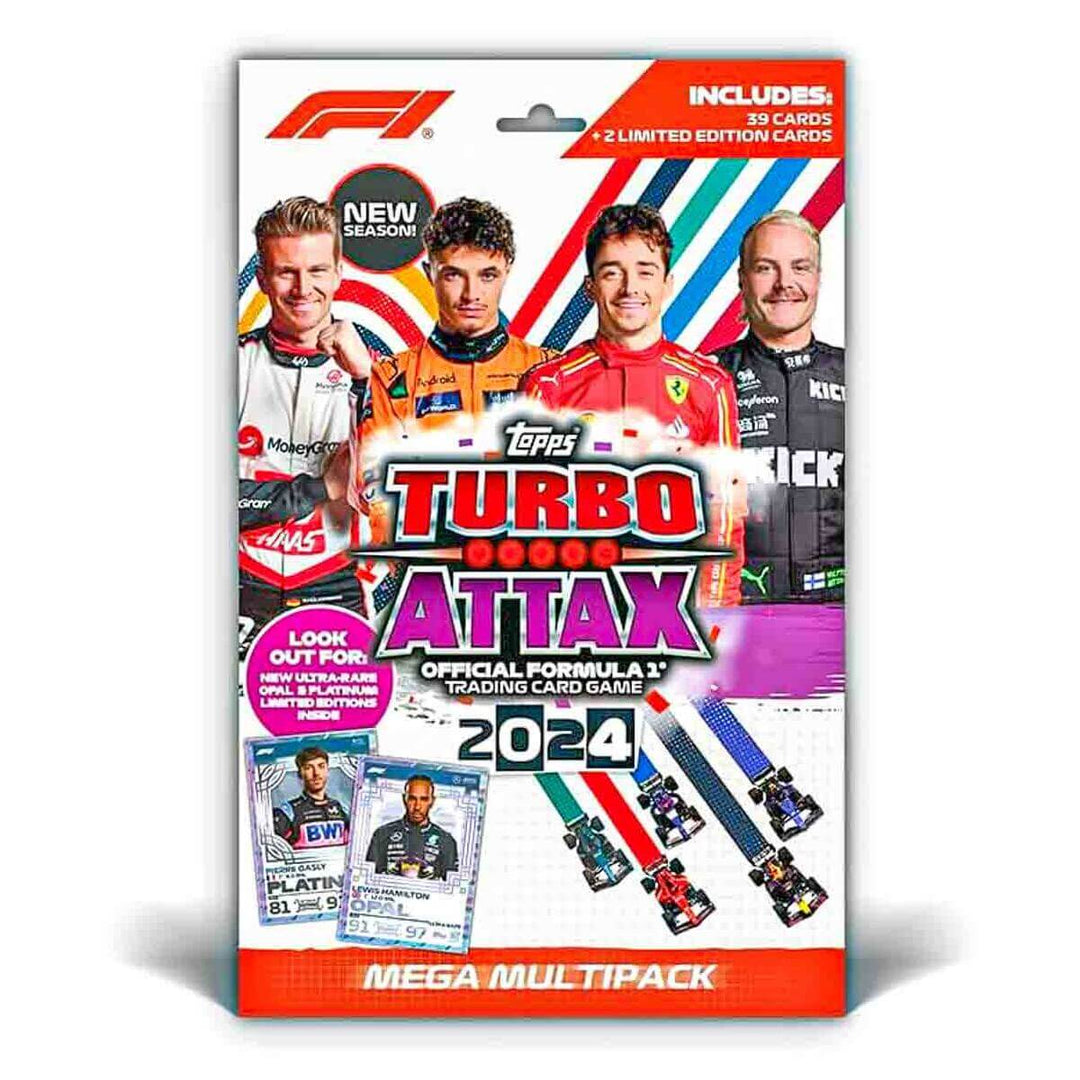 Turbo Attax Official Formula 1 Trading Card Game 2024 Mega Multipack packaging featuring F1 drivers and new season cards.