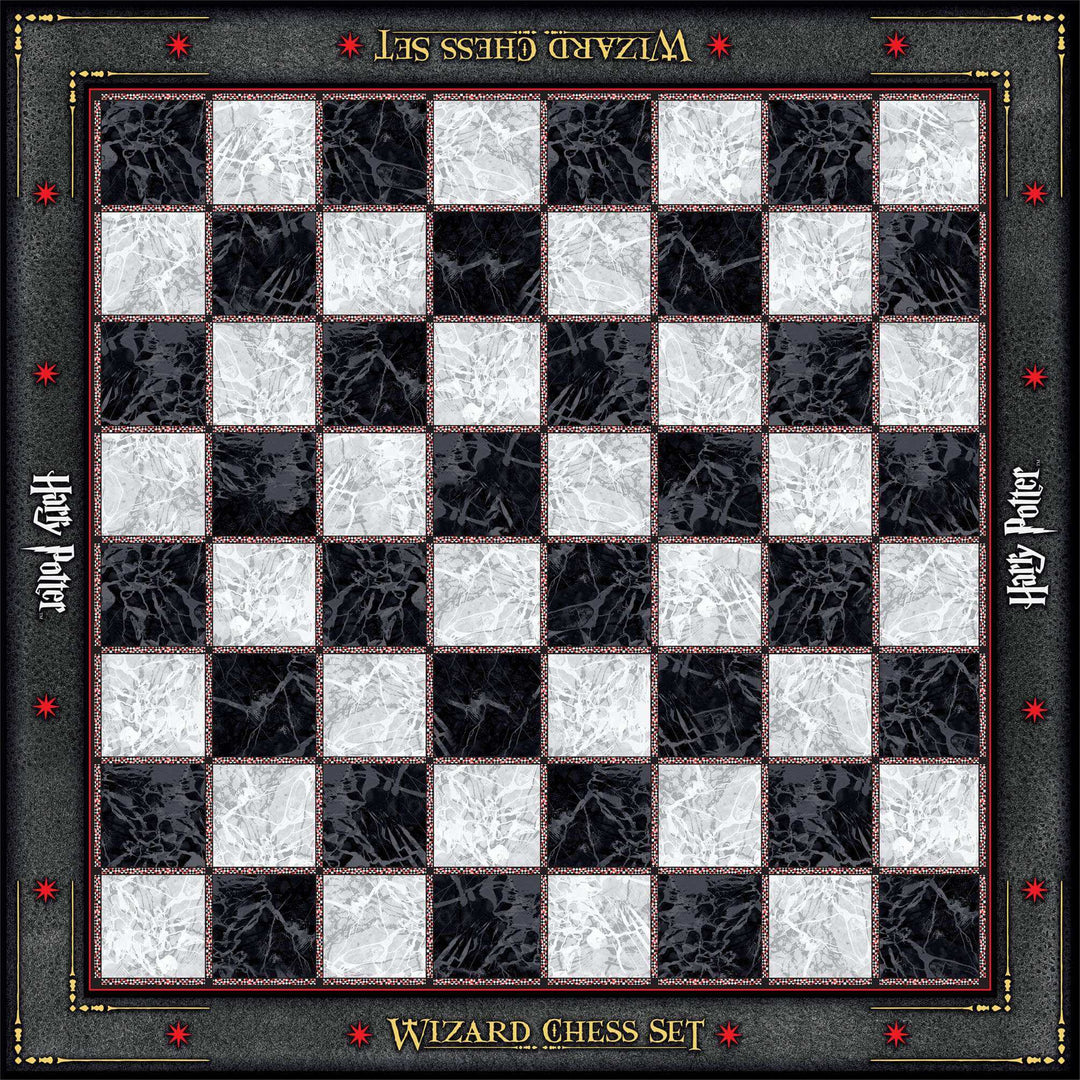 Elegant black and white board of the Harry Potter chess set, featuring a wizard-themed design for exciting gameplay.