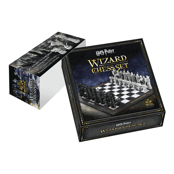 Harry Potter chess set box displaying the wizard chess set and life-size chess pieces on a branded board.