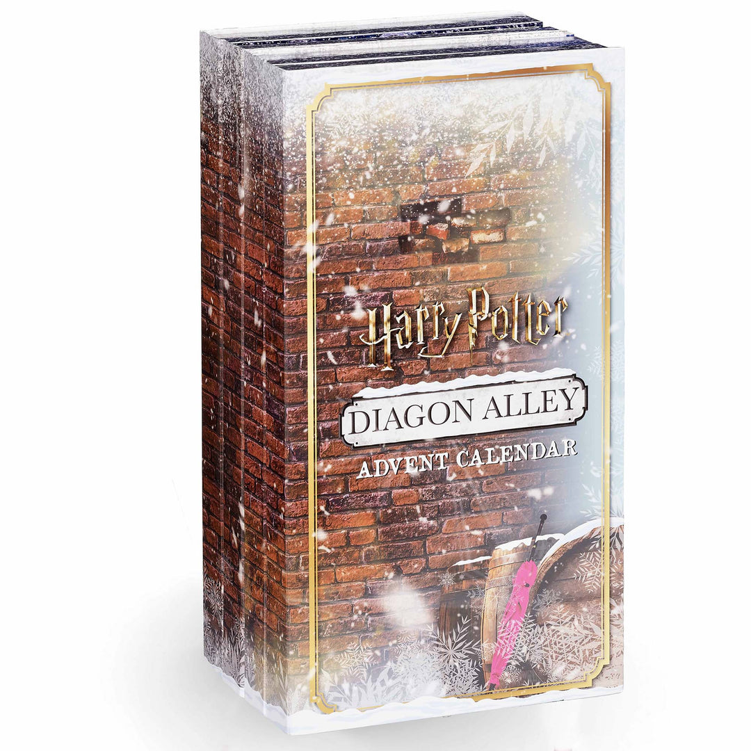 Harry Potter Diagon Alley Advent Calendar featuring snowy brick design and magical items.