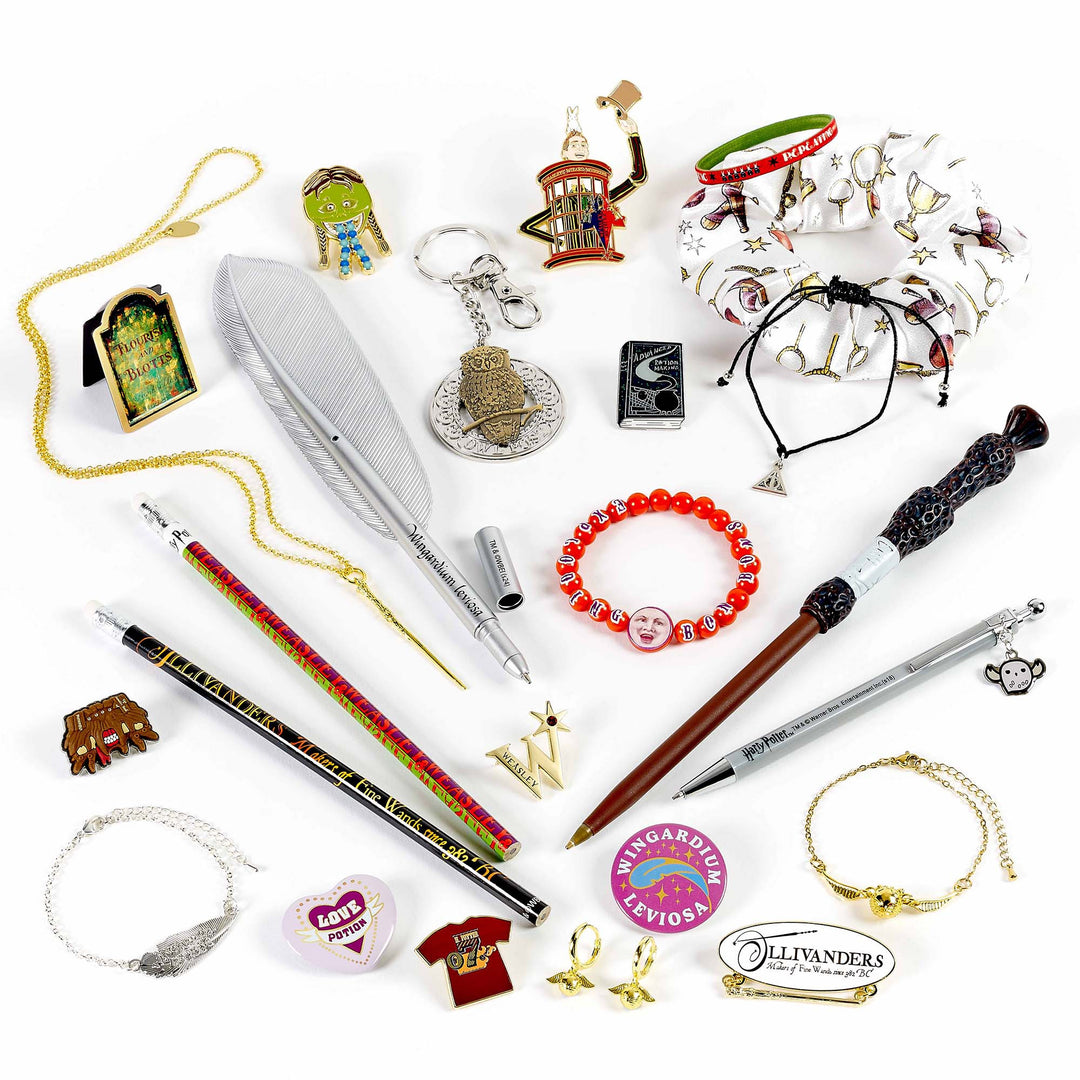 Harry Potter Diagon Alley advent calendar featuring magical items like wands, pens, and charms.