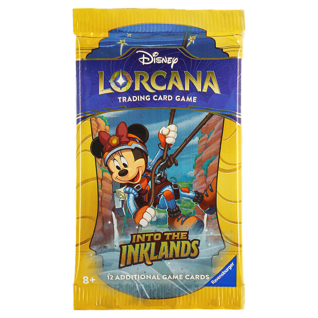 Disney Lorcana: Into The Inklands Trading Card Game Booster Pack featuring Mickey Mouse on the cover.