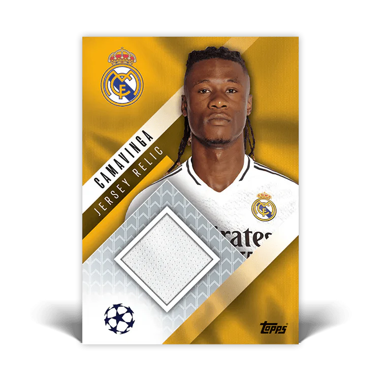 Eduardo Camavinga Real Madrid jersey relic card featuring UEFA Champions League logo.